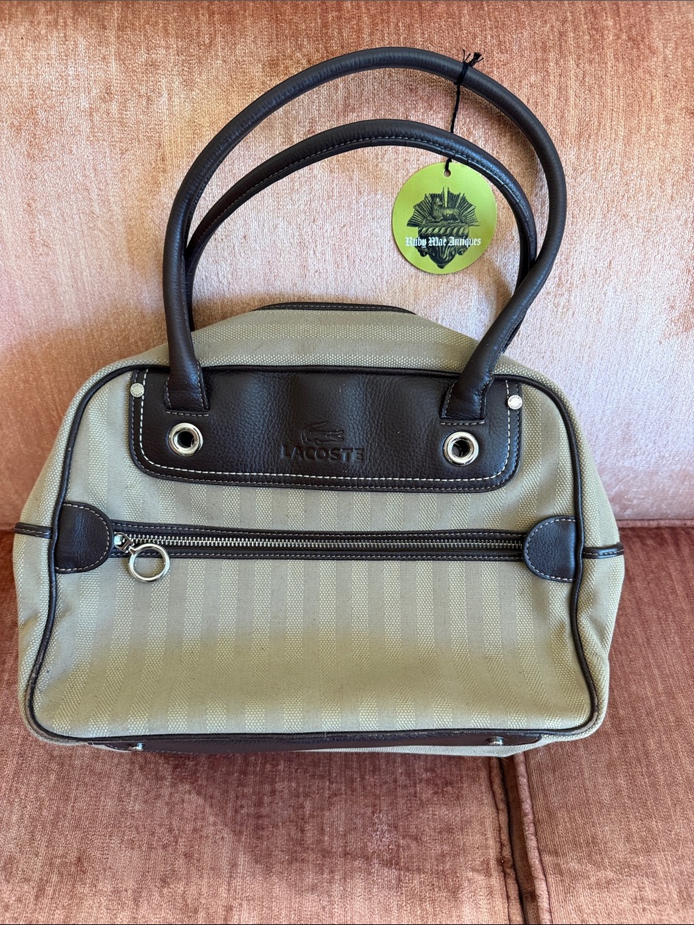 Lacoste Beige and Brown Canvas Top-Handle Shoulder Bag
